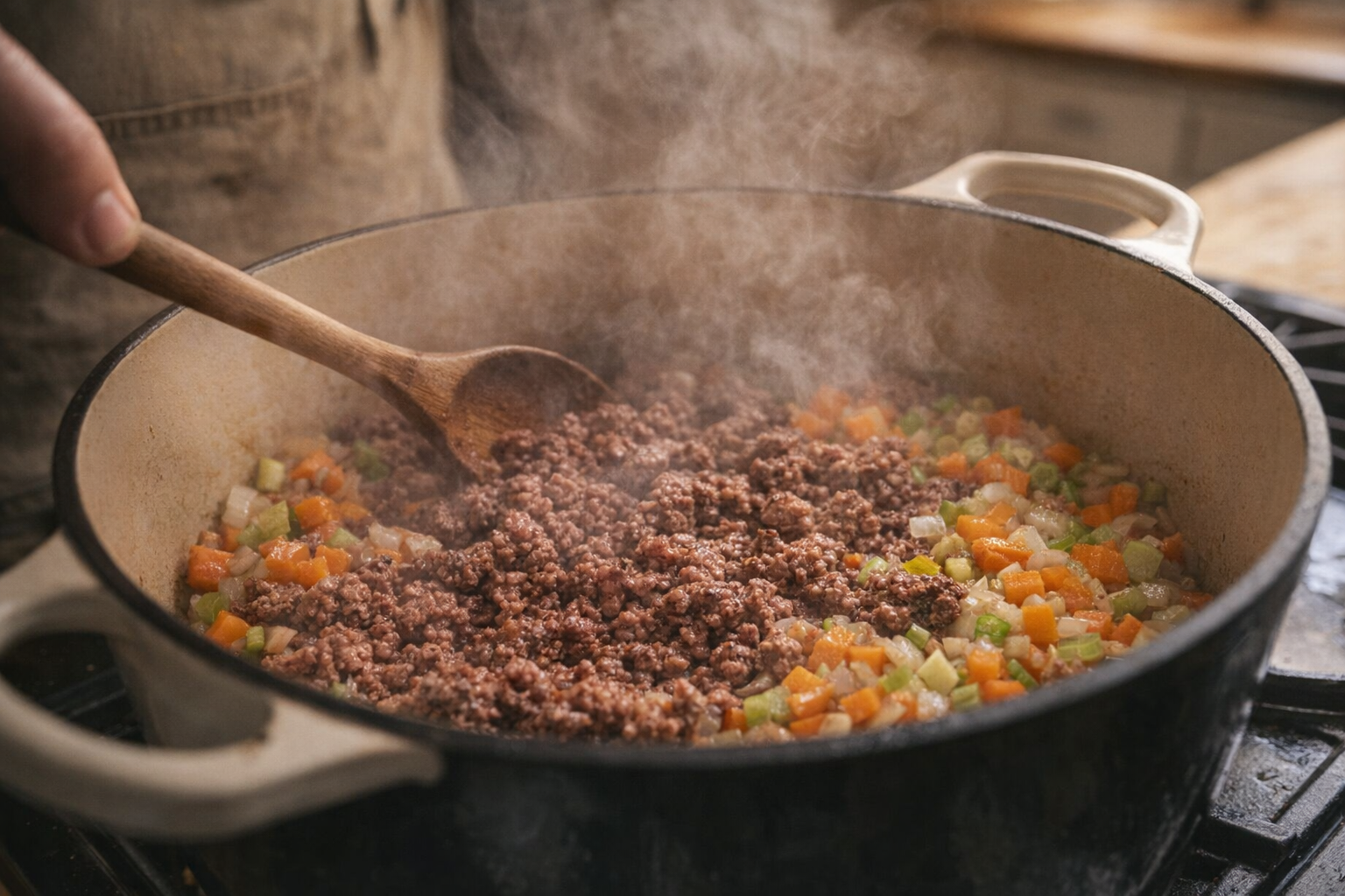 An eye-level shot of ground beef browning in a Dutch oven, with diced onions, carrots, and celery being sauteed alongside, visible steam, warm lighting